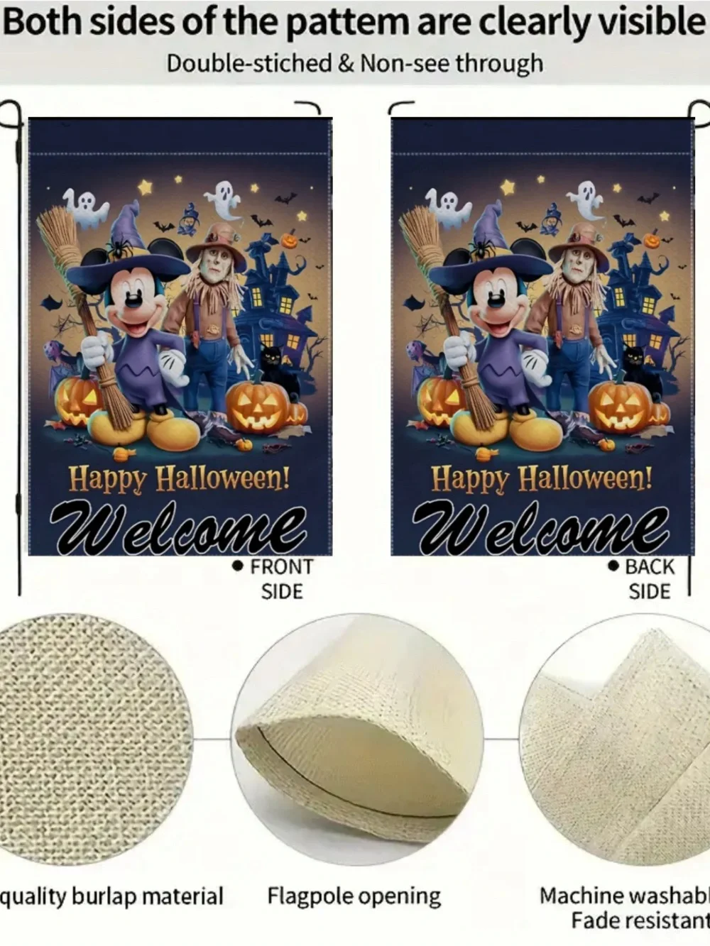 Halloween Mickey Mouse Garden Flag, approximately 12”x18”, burlap